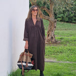 VESTIDO BOMBAZINE LONDON BROWN