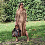 VESTIDO BOMBAZINE LONDON CAMEL